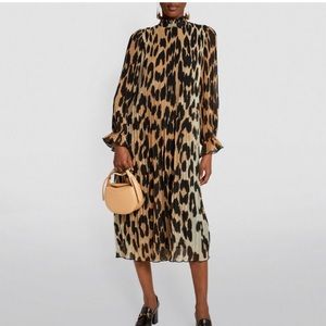 GANNI Georgette Leopard Pleated Dress